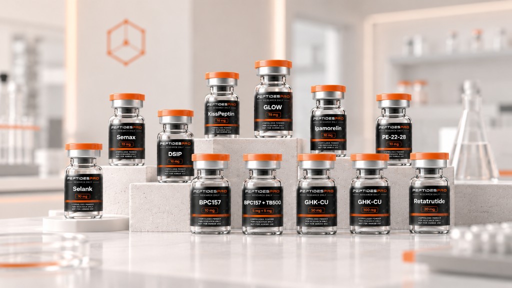 PeptidesPro-assortiment: research-grade peptidevials in laboratoriumsetting